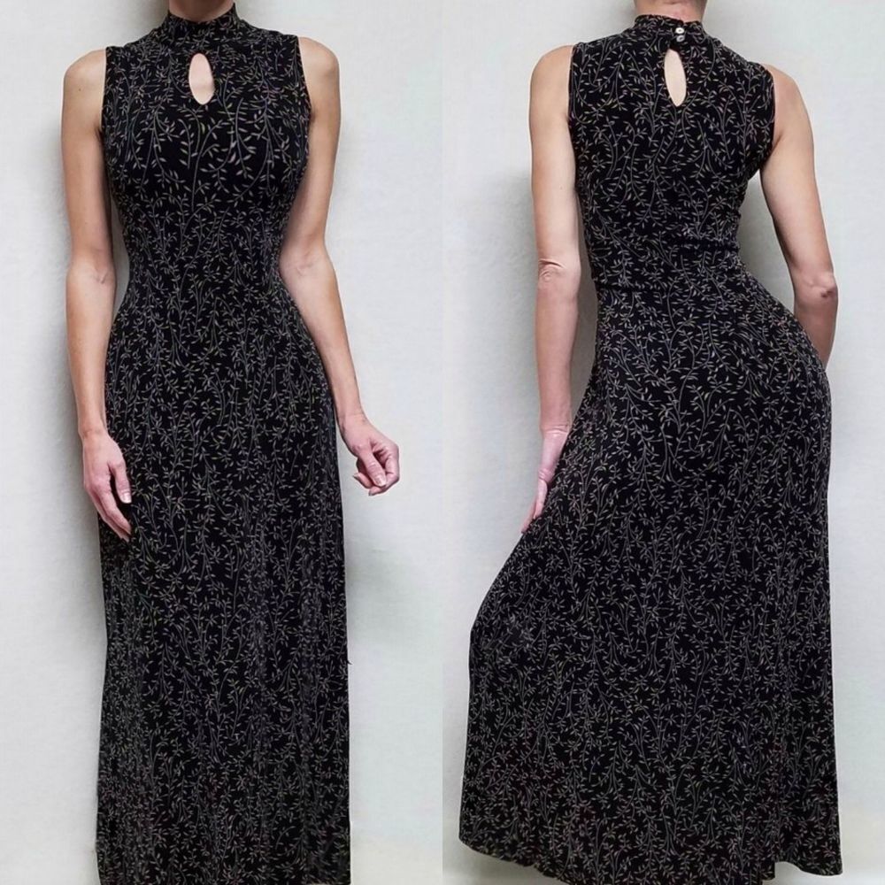 VINTAGE Ronni Nicole Black Pink Floral Mock Mandarin Collar Teardrop Maxi Dress